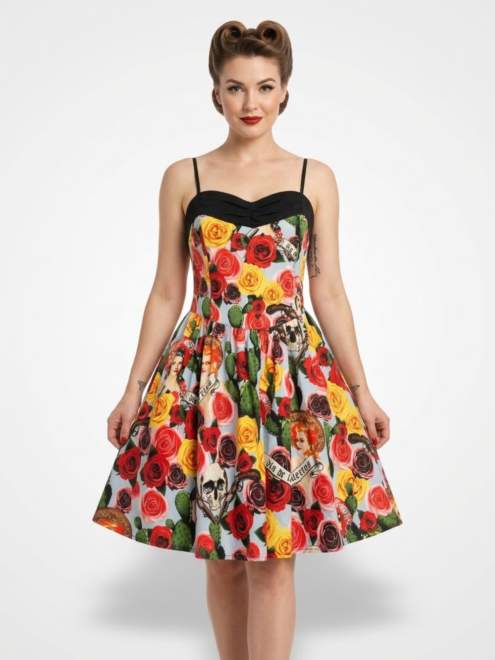 Hell Bunny Dia De Los Muertos Rockabilly Corset Dress M Skulls Pockets